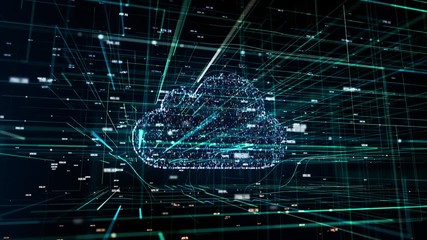 Cloud technology, cloud computing symbol, random moving numbers and others elements which creating abstract 3D information technology animation
