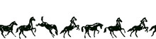 Equestrian Seamless Border With Horse Silhouette In Various Poses And Motion. Vector Pattern Background Or Frame With Hand Drawing Galloping Black Horses On White.