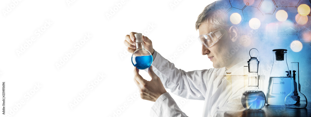 Silhouette of a chemist conducting experiments on the background of Scientific Glassware. Concept on education, chemistry and science topics. Chemical background. - obrazy, fototapety, plakaty 