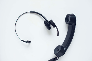 Deskphone, office and business concept. New ip phone with buttons and big display for communication without interference. Top view. Space for a text. Close up.