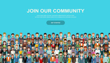 Join Our Community. Crowd Of United People As A Business Or Creative Community Standing Together. Flat Concept Vector Website Template And Landing Page Design For Invitation To Summit Or Conference