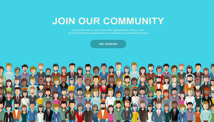 Join our community. Crowd of united people as a business or creative community standing together. Flat concept vector website template and landing page design for invitation to summit or conference