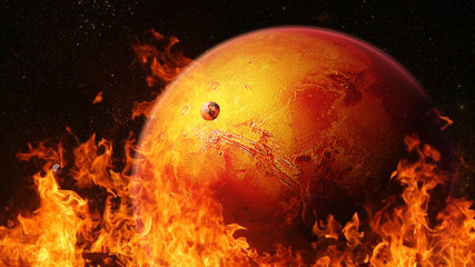 Wall Mural - hot planet mars with moons phobos and deimos, red planet surrounded by flames