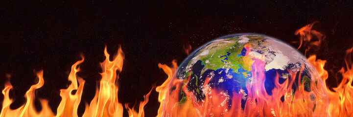 Wall Mural - hot planet earth, the blue planet surrounded by flames, global warming warning