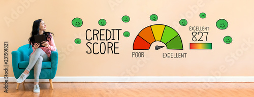 Excellent Credit Score With Young Woman Holding A Tablet