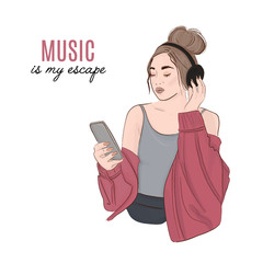 Wall Mural - Woman with headphones listening to the music. Student street style look. Girl holding phone and earphone. Modern weekend relaxing illustration. Technology hand drawn sketch.