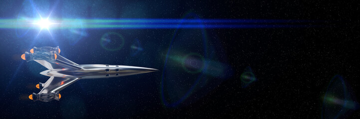 Wall Mural - spaceship in deep space, travelling rocket lit by the sun