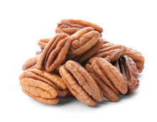 Heap Of Ripe Shelled Pecan Nuts On White Background