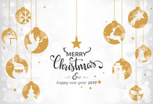 Christmas Card 2019 With Hanging Balls On Bokeh