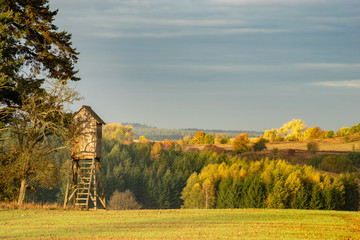 hunting tower at the edge of the forest in autumn scenery