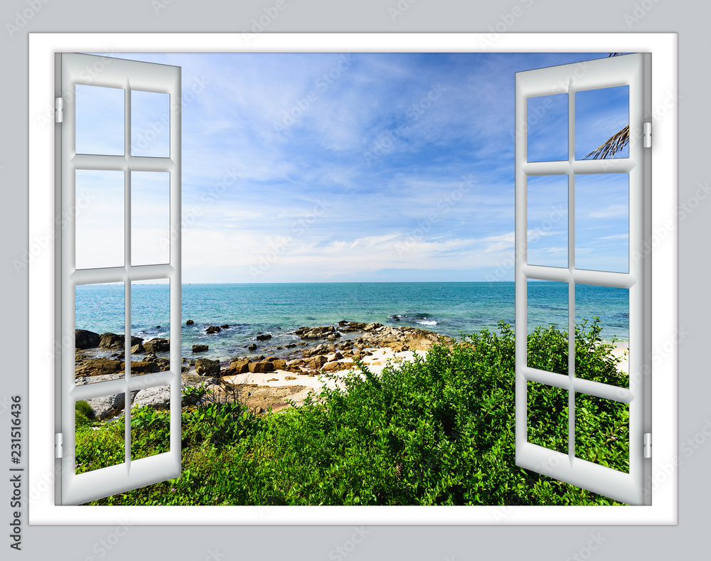 sea view open window - obrazy, fototapety, plakaty 