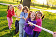 © Evgeniy Kalinovskiy - a group of small preschool children play a tug of war in the park. Outdoor games, childhood, friendship, leadership, children's day.