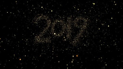Wall Mural - 2019 numbers from shining gold particles formed on a holiday animated Happy new year black background.