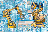 Fototapeta Młodzieżowe - Vector decorative background with abstract robotic arms and industry or steampunk machines. Fantasy technology or factory illustration with decorative machine line art hand drawn sketch elements.