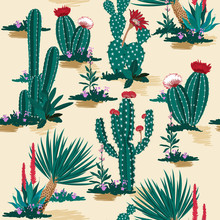 Seamless Pattern Vector Summer Cactus On Desert Mix With Beautiful Blooming Succulents Flower For Fashion Fabric And All Prints