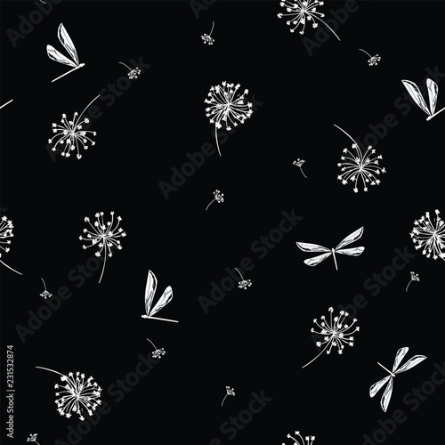 Dekoracja na wymiar  monochromatyczny-czarno-bialy-wektor-wzor-z-kwiatami-i-wazkami-wiatru