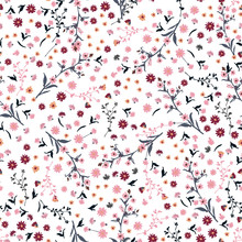 Beautiful Wild Flowers Bright Pattern In Small-scale Pink And Red Flowers. Liberty Style Meadow. Floral Seamless Background For Textile, Book Covers,