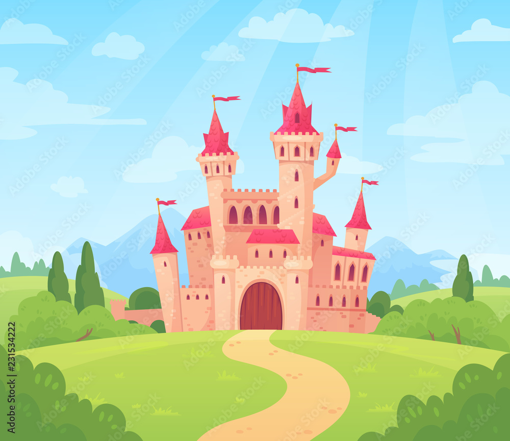 Fairytale landscape with castle. Fantasy palace tower, fantastic fairy house or magic castles kingdom cartoon vector background - obrazy, fototapety, plakaty 