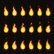Fire animation. Flaming flame, fiery blaze and animated blazing fire flames isolated vector animations frames
