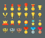 Fototapeta  - Award icons. Golden trophy cup, reward goblets and winning prize. Flat medals awards vector symbols