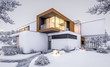 © korisbo - 3d rendering of modern cozy house by the river with garage. Cool winter evening with cozy warm light from windows. For sale or rent with beautiful mountains on background