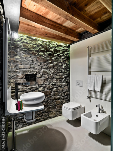 Interiors Shots A Modern Bathroom With Stone Wall And Wooden