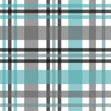 Seamless Tartan Plaid Pattern. Checkered Fabric Texture Print In Stripes Of Bright Blue, Teal Black, Teal Blue And White.