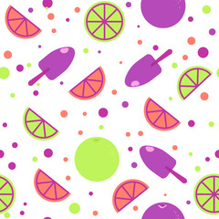 Vector seamless pattern with ice cream, citrus and lime slices. Colorful food background. Can be used for restaurant, cafe menu, banners, wrapping paper, wallpaper, print on clothes, cover. Cute desig