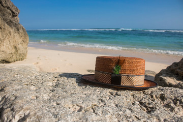 Wall Mural - boater hat with beach view