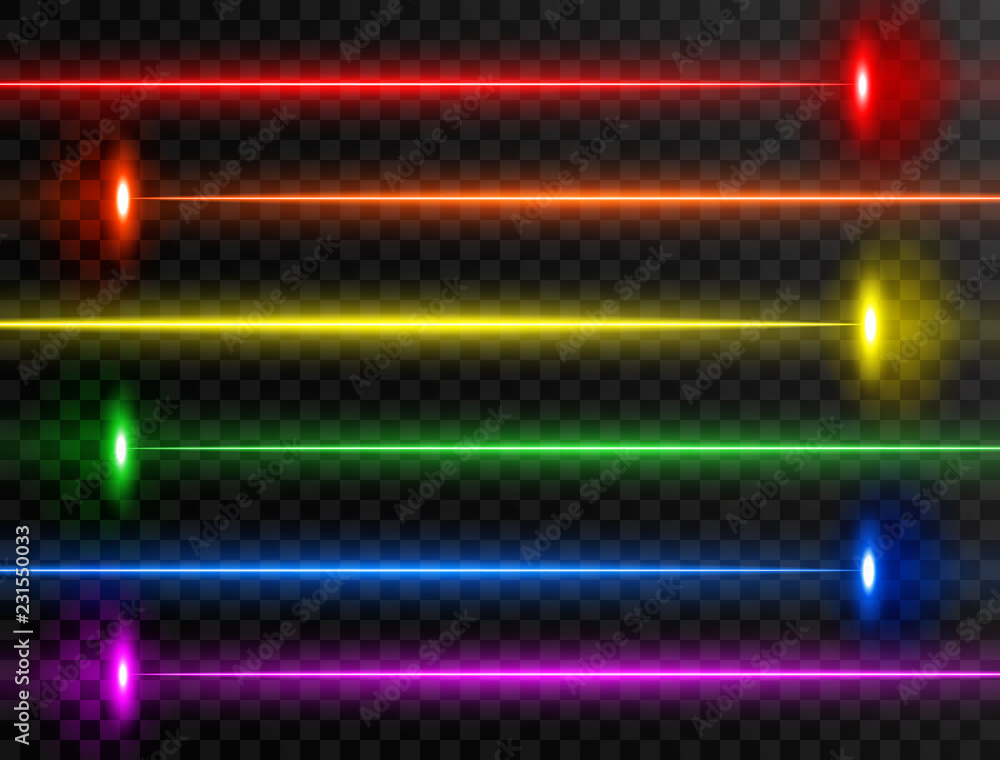 Laser beam set. Colorful rainbow laser beam collection isolated on transparent background. Neon lines. Glow party laser beams abstract effect. Bright futuristic design elements. Vector illustration - obrazy, fototapety, plakaty 