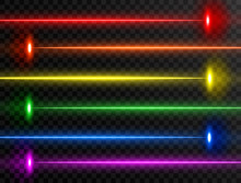 Laser Beam Set. Colorful Rainbow Laser Beam Collection Isolated On Transparent Background. Neon Lines. Glow Party Laser Beams Abstract Effect. Bright Futuristic Design Elements. Vector Illustration