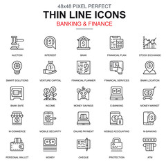 Fototapete - Thin line banking and finance icons set for website and mobile site and apps. Contains such Icons as Bank, Financial Plan, M-commerce. 48x48 Pixel Perfect. Linear pictogram pack. Vector illustration.