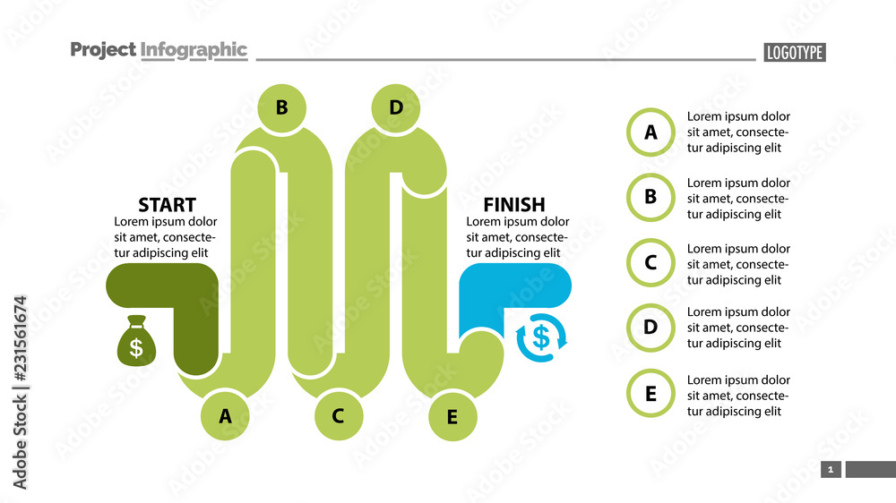 Five elements process chart slide template. Business data. Point ...