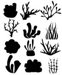 Wall Mural - Black silhouette. Collection of corals and seaweed. Deep sea floral design. Ocean flora and fauna. Flat vector illustration isolated on white background