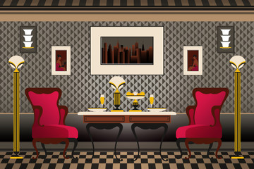 Home interior with chairs, table and pictures on the walls in the living room. Handmade drawing vector illustration. Retro furniture. The Art Deco Style. Flat Design.