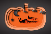 Happy Halloween Design In Orange Pumpkin Paper Cut Style Bat, Spider And Crescent Illustration