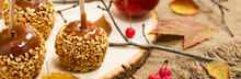 Caramel Apples On Wooden Background. Selective Focus.