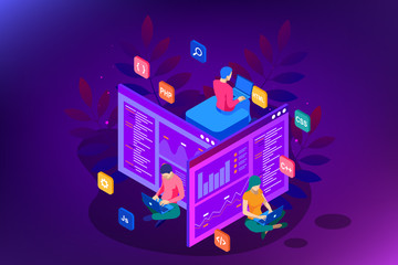 Wall Mural - isometric programmer coding new project. web development and programming skills for website. web ban
