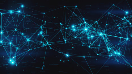 Abstract flashing connected digital data nodes and connection paths on any type of network 3d illustration