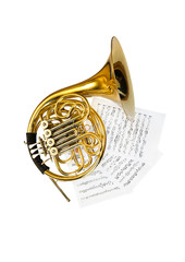 Wall Mural - French horn and musical notes isolated on white