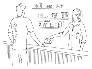 Vendor selling medicine to customer pharmacy interior graphic store shop black white sketch illustration vector