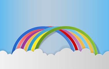 Wall Mural - Rainbow with clouds in the sky, Paper art style. Vector Illustration