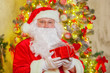 © satyrenko - Santa Claus with giftbox on background of sparkling firtree