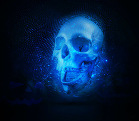 Canvas Print - abstract jaw opening skull mask on an abstract network background