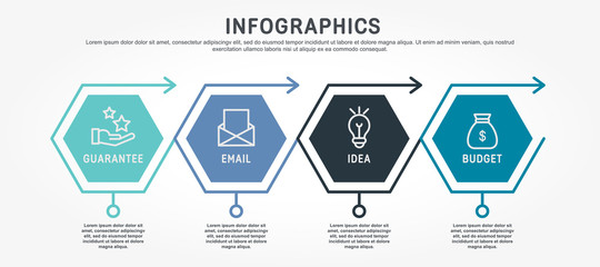 Flat line vector illustration. Infographic template with four fouelements, hexagons, text. Timeline step by step. Designed for business, presentations, web design, diagrams, training with 4 steps