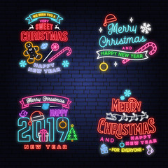 Wall Mural - We wish you a very sweet Christmas and Happy New Year neon sign with snowflakes, christmas candy, cookie.