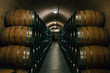 Wine barrels stacked in a cellar