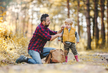 Wall Mural - A mature father putting a backpack on a toddler son in an autumn forest.