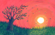 Autumn background. Falling tree on green grass at sunset painted in gouache