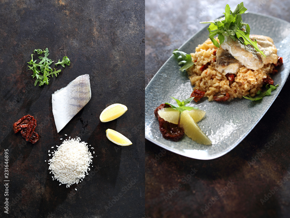 Obraz na płótnie Sandacz na risotto w kompozycji z poszczególnymi składnikami do przygotowania potrawy. Sandacz, ryż, suszone pomidory, cytryna, zioła w salonie